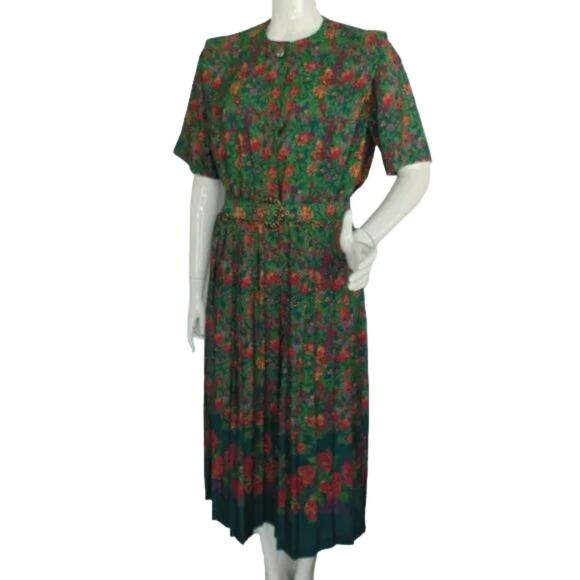 LESLIE FAY Dress, 10, Green Floral, Belt, Short Sleeves, Career, Poly, VINTAGE - Picture 6 of 16